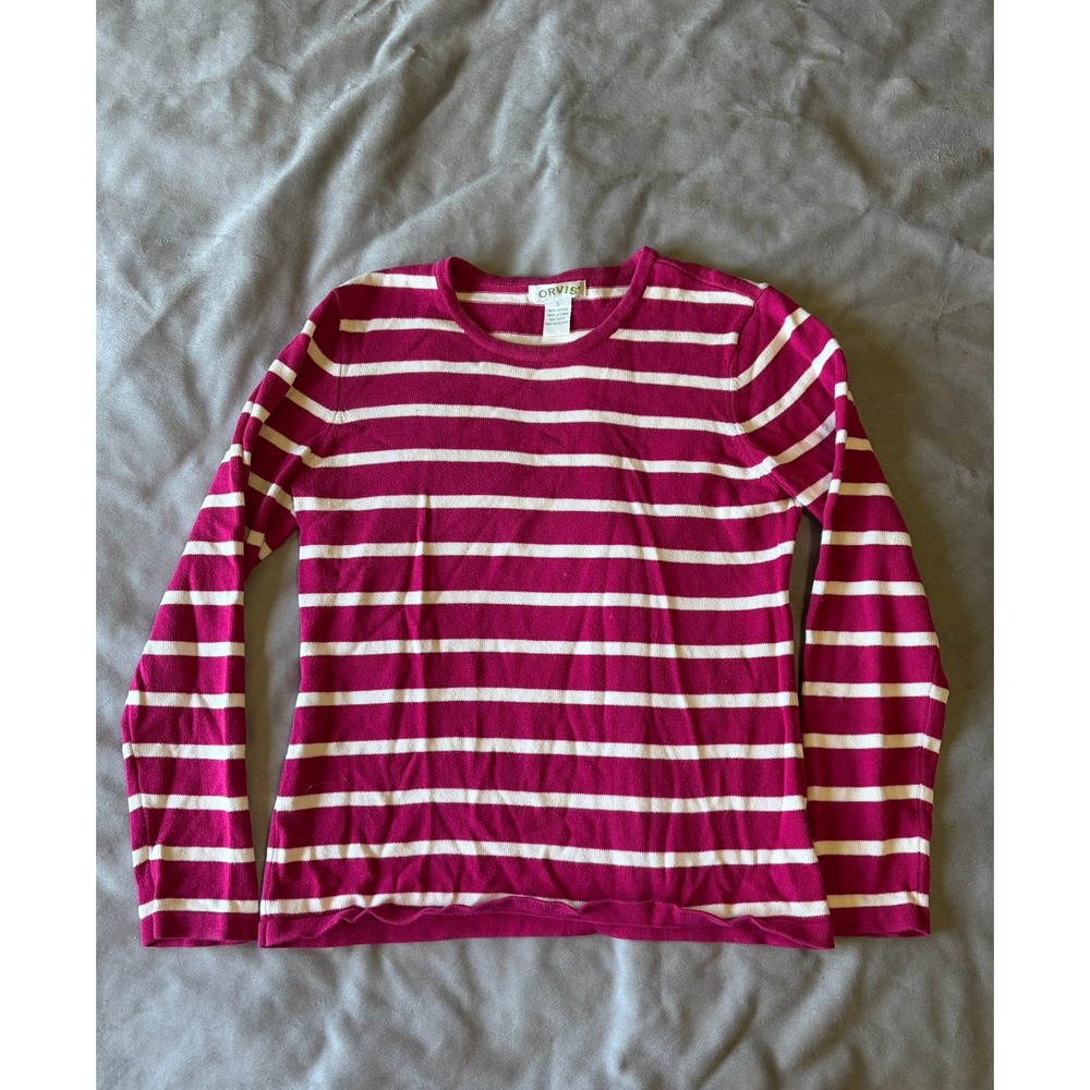 Orvis Womens Magenta Pink White Striped 100% Cotton Crewneck Sweater Size S